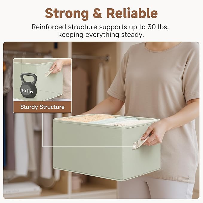 StorageWorks Storage Baskets for Shelves, Closet Organizers and Storage Basket, Fabric Clothes Organizer with Leather Handles, Light Green, 3-Pack, Large