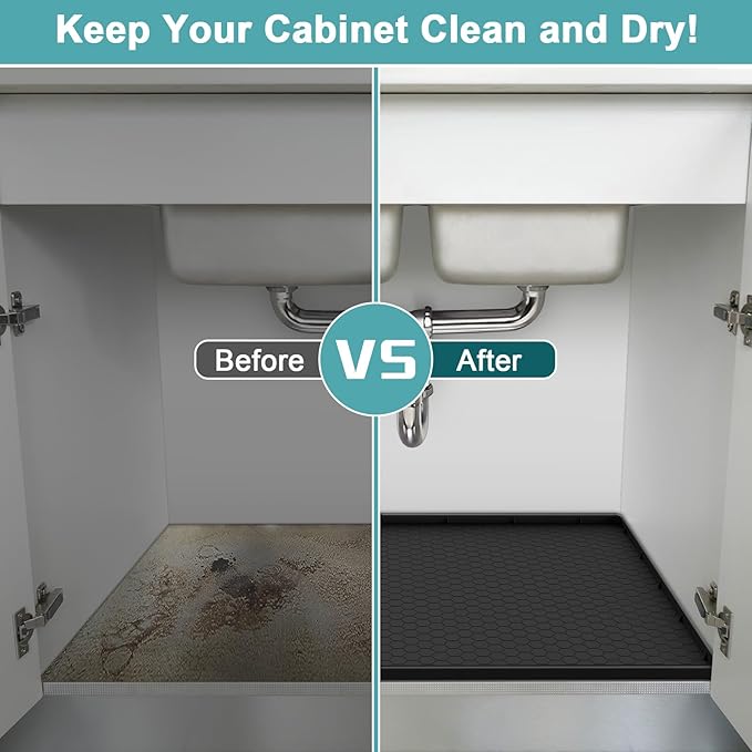 Silicone Under Sink Mat 22" x 19", Under Sink Mats for Kitchen Waterproof, Under Sinks Protector Liner Tray Organizer for Kitchen and Bathroom Cabinets, Black