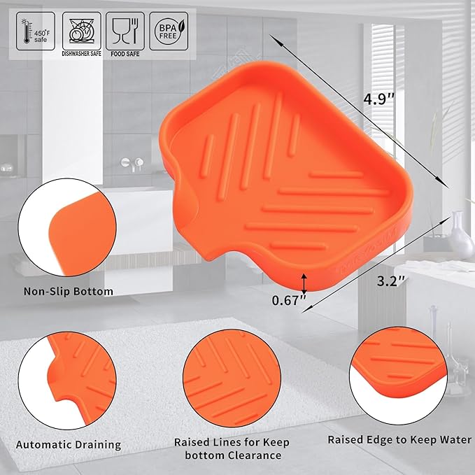 MicoYang Silicone Soap Dish with Drain Spout — Self-Draining Sink Organizer Tray for Bathroom & Kitchen, Holds Bar Soap, Sponges & Dispensers, Non-Slip & Dishwasher Safe, Orange (Small, 4.9"×3.2")