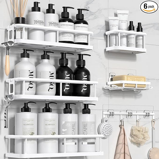 YASONIC Shower Caddy, 6 Pack Large Capacity shower organizer with Soap Holder and 12 Hooks, Rustproof Shelves for Inside Shower, No Drilling&Sleek Bathroom Organizers and Storage White