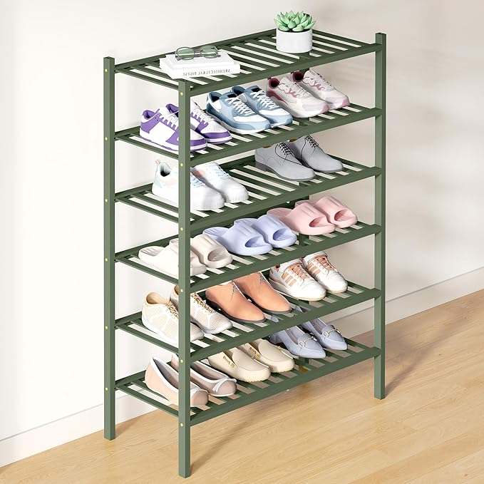 Bamboo Shoe Rack for Closet, 6 Tier Wooden Shoe Organizer, Green