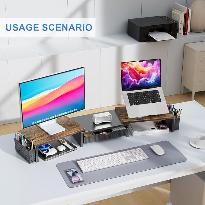 Dual Monitor Stand Riser, Desk Organizer With Drawer and 2 Pen Holders, Wood