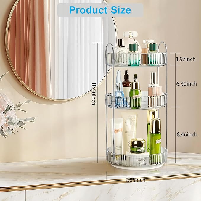 360 Rotating Makeup Organizer, Classic Grey, 3 Tier