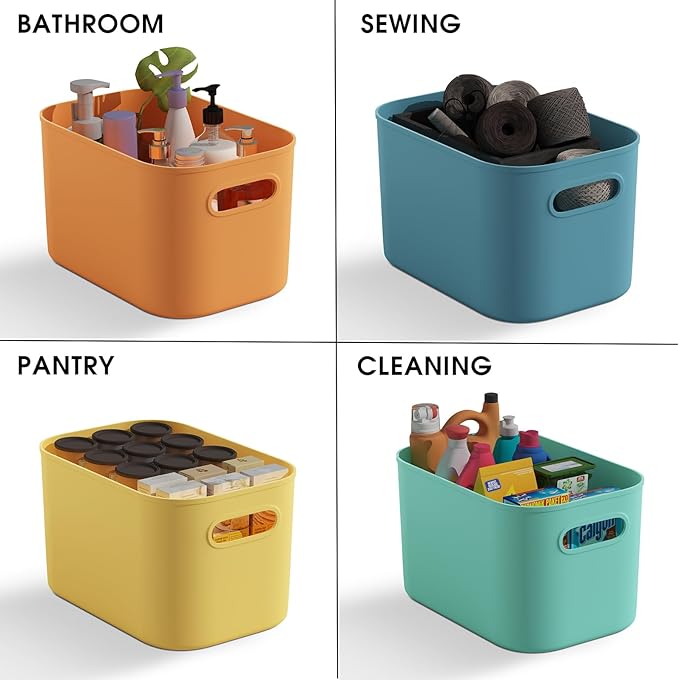 ORGIDOL 12 Pack Colorful Plastic Storage Bins, Storage Container for Organizing, Colored Storage Boxes with Handle for Shelves, Cute Organizer Bins for Craft, Snacks, Cabinet, 9.69x6.7x5.7 inch