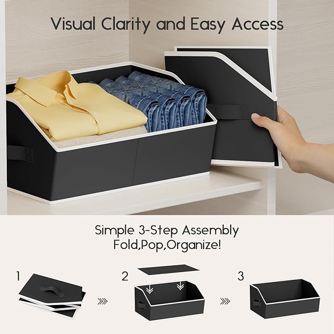 Homsorout Large Closet Organizers and Storage Bins - 10 Pack Trapezoid Storage Baskets for Shelves, Foldable Fabric Baskets with Handles Ideal for Closet, Basket, Wardrobe and Shelf Storage, Black