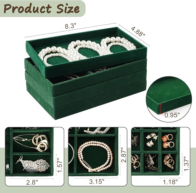 Jewelry Drawer Organizer, 8 Set of Stackable Velvet Organizer Tray, Drawer Inserts for Jewelry Organization, Showcase and Safely Store Your Collection with Elegance and Sophistication (Green)