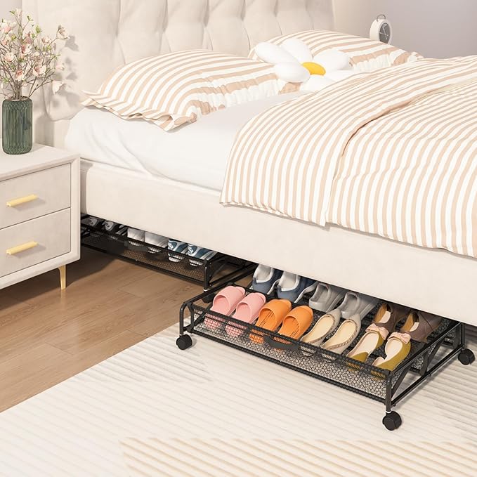 Under Bed Shoes Storage, 2 Pack Rolling Under-bed Storage Containers with Wheels, Under Bed Shoe Organizer Breathable Mesh Fabric with Metal Frame