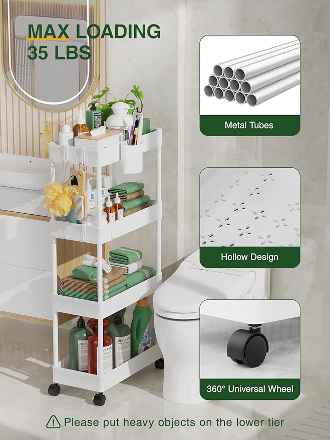 Slim Rolling Storage Cart, 7.1" W+White