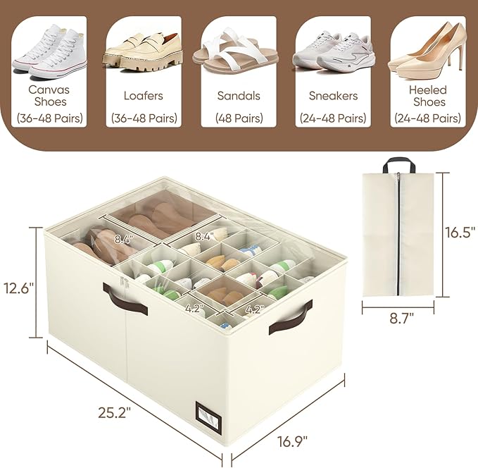 OIAHOMY 2 Pack Shoe Organizer for Closet, Large Foldable Shoe Storage Bins with Dividers and Reinforced Handles, Each Clear Cover Sneaker Box Fits Up to 24 Pairs for Entryway and Bedroom, Beige