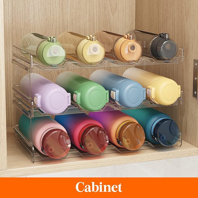 Lifewit Stackable Water Bottle Organizer for Cabinet, Plastic Bottle Holder Fits Bottles/Tumblers up to 3.8" Diameter for Pantry/Countertop, 3 Tier Holds14 Bottles 41 x 20 x 24 cm/16 x 8 x 9.5