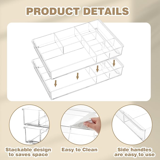 Briwooody 3 Pcs Clear Acrylic Desk Drawer Organizer 13.7 x 8.7 x 2 Inch Drawer Organizer Trays with 8 Compartments Desk Accessories for Office Makeup Silverware Bathroom