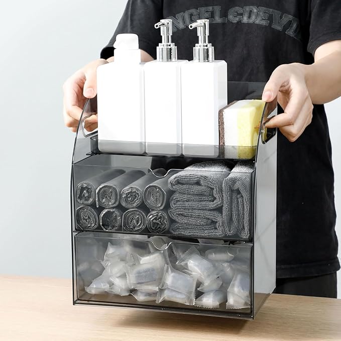 Plastic Under Sink Organizer with Drawers, Gray Kitchen and Pantry Storage Container for Trash Bags, Dishwasher Detergents, Sponge, Large Laundry Pods Dispenser with Handle for Cabinet