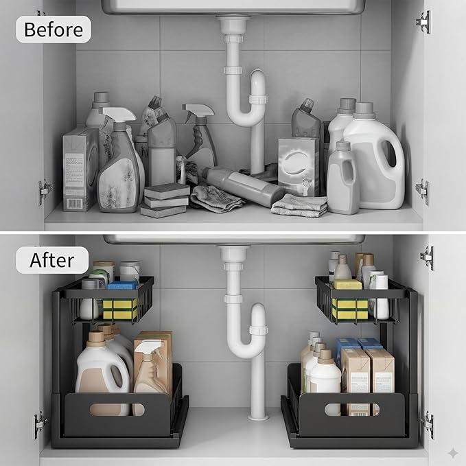 Under-Sink Storage Organizer (2-Pack) — Double-Tier Pull-Out Cabinet Organizer with Sliding Drawers ，Heavy-Duty & Versatile Storage Rack for Kitchen, Bathroom, and Pantry，Black