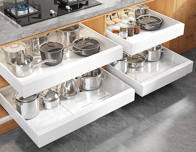 Seinloes 4 Pack Expandable Pull Out Cabinet Organizer 21"Deep With Raising Pad for Framed Cabinets,Upgrade 3 Slide Rails Slide Out Drawers,No Drill Roll Out Shelves,Adjustable Width 15.1"-26.3" White