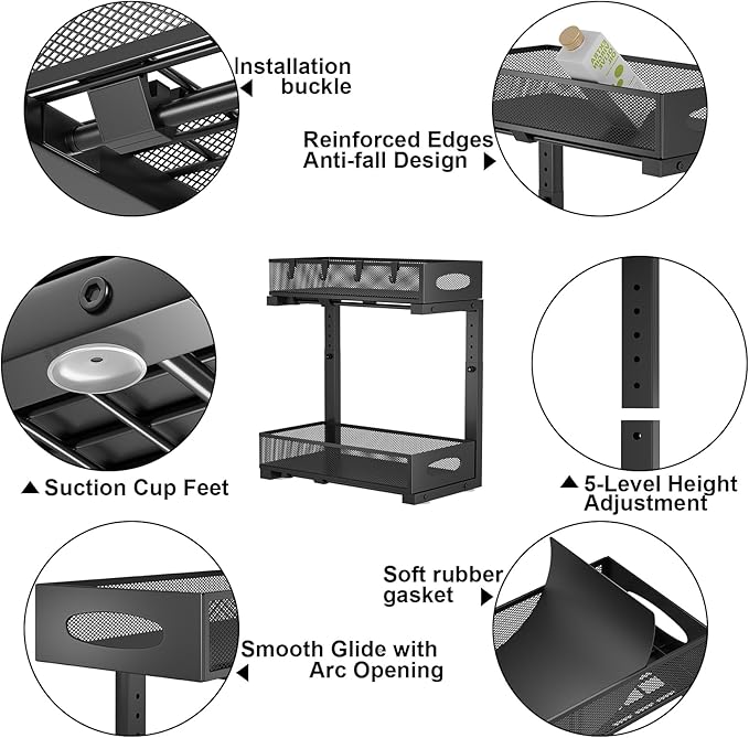 1 Pack Under Sink Pull Out Organizer, 2-Tier Adjustable Height Carbon Steel Storage Rack for Kitchen and Bathroom Cabinet, Black