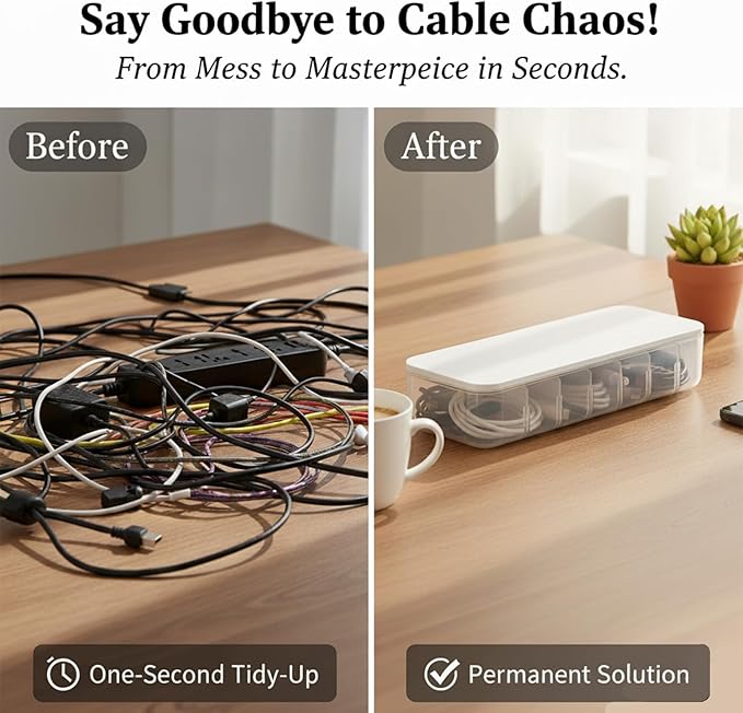 Cable Organizer Box with 7 Wire Ties, 2 Pack Desktop Cord Management Storage Case with Lid, 7 Compartments for Chargers Cables for Office Home Desk Accessories Cords (White)