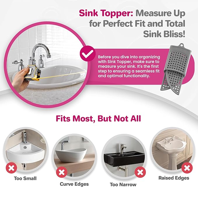 Sink Topper Bathroom Counter Cover & Storage Saver, Foldable Silicone Mat for Hot Tools, Hair Styling & Makeup, Beauty Brush Cleaning Mat, RV Camper Sink Cover & for Small Spaces (Standard Silver)
