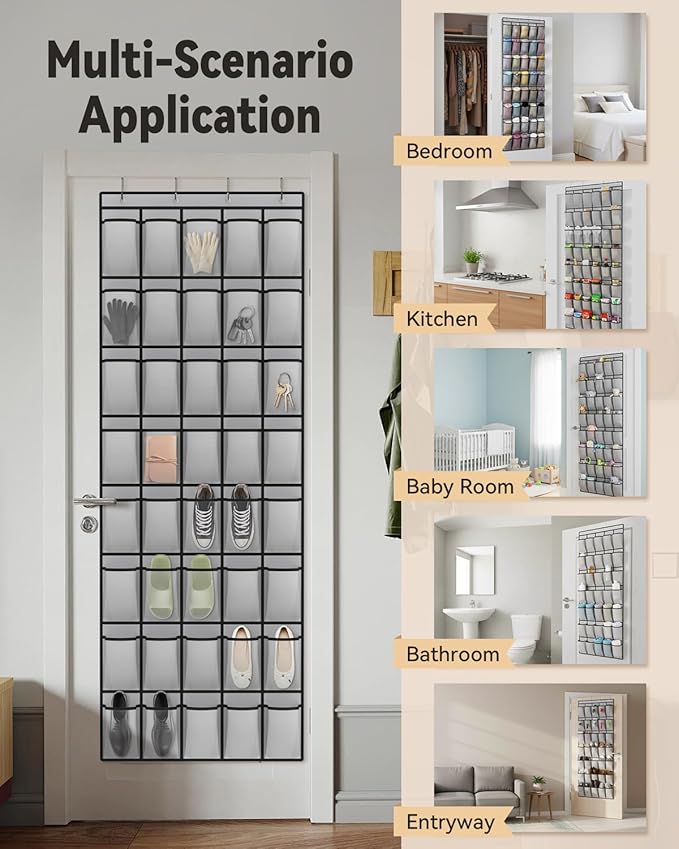 dodowin Over the Door Shoe Organizers, 2 Pack - 40 Deep Mesh Pockets Each, Over The Door Shoe Rack with 4 Metal Hooks Each, Space Saving Hanging Storage Holder for Closets, Shoes & Accessories, Gray