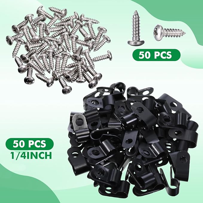 Hicarer 50 Pack R-Type Cable Clip Wire Clamp, Nylon Screw Mounting Cord Fastener Clips with 50 Pack Screws for Wire Management (Black,1/4Inch)