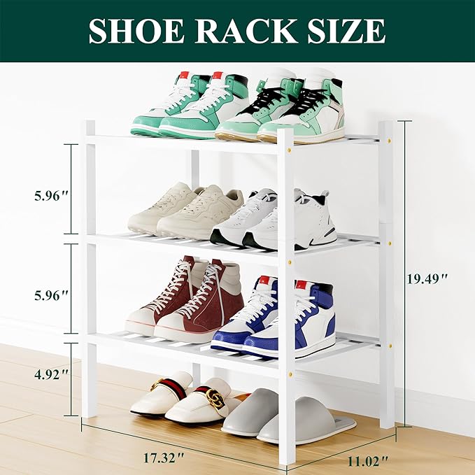 Smiry Small Bamboo Shoe Rack, 3 Tier Free Standing Wooden Shoe Organizer, Stackable Wood Shoe Storage Shelf for Closet, Entryway, 12 Vertical Slats, 2+1 Stack Standard Legs, 17.3"x11"x19.5", White