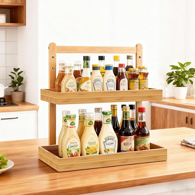 Bamboo Undersink Organizer Storage - 2-Tier Cabinet Shelf with Adjustable Levels, Under Sink Storage Slide Out for Cabinet Pantry Kitchen Bathroom (Natural, 2 Packs)