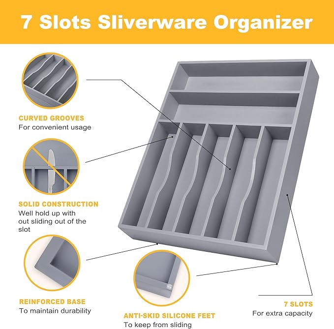 Kitchen Bamboo Silverware Organizer, Kitchen Drawer Organizer, Grey