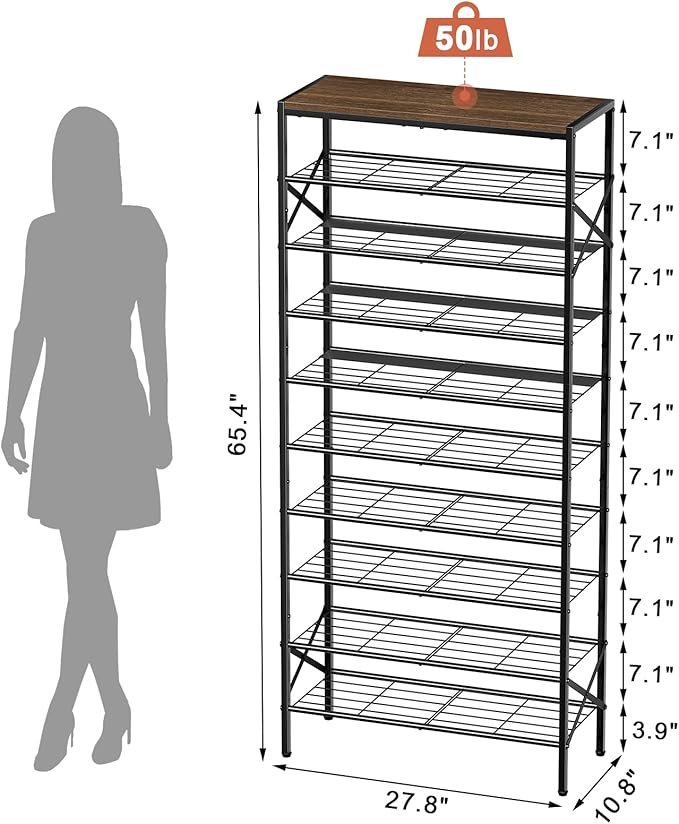 10-Tier Tall Shoe Rack Organizer Shoe Storage for Entryway 30-40 Pairs Metal Shoe Rack for Closet Heavy-Duty Shoe Rack with Wooden Top Shelf for Garage Rustic Brown