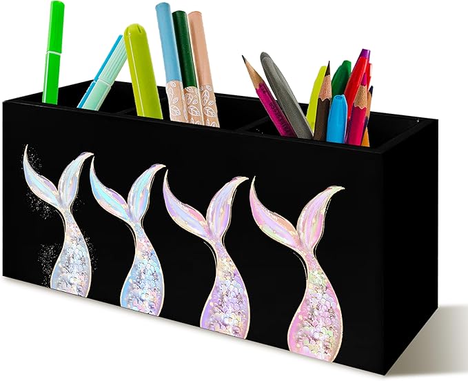 Mermaid Gifts for Girls Women, Pastel Mermaid Beach Pen Pencil Holder Organizer for Desk, Coastal Ocean Wooden Box Block Sign for Home Classroom Dorm Office Tabletop Decor（Black）