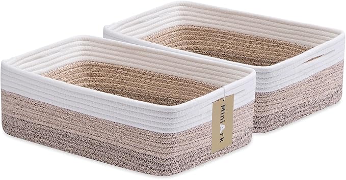 MiniArk Large Shallow Organizing Baskets 15x11x5.1 Inches - Rope Woven Storage Bins for Bathroom, Shelves, Cube Closet, Gradient Brown 2 Packs
