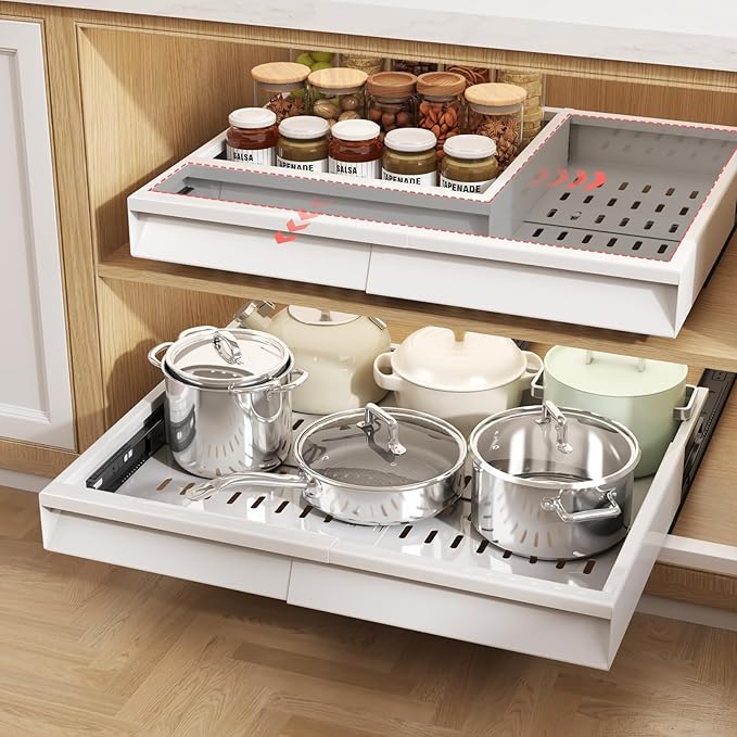 Seinloes Pull Out Cabinet Organizer, 4-Side Expandable to Fit Most Cabinets, 3 Rail Slide Out Drawers with Raising Pad for Framed & Frameless Cabinets, 13"-21" W x 13"-17" D, White, 2 Pack