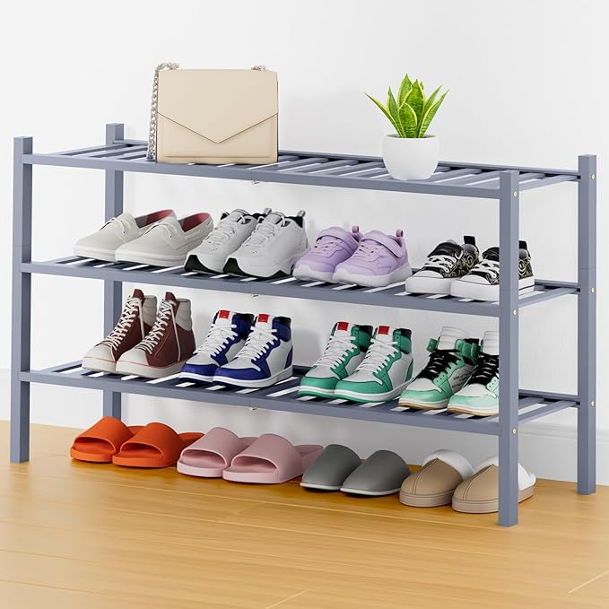 Smiry Long Bamboo Shoe Rack, 3 Tier Free Standing Wooden Shoe Organizer, Stackable Wood Shoe Storage Shelf for Closet, Entryway, 14 Vertical Slats, 2+1 Stack Heavy-Duty Legs, 33.7"x11"x19.5", Grey