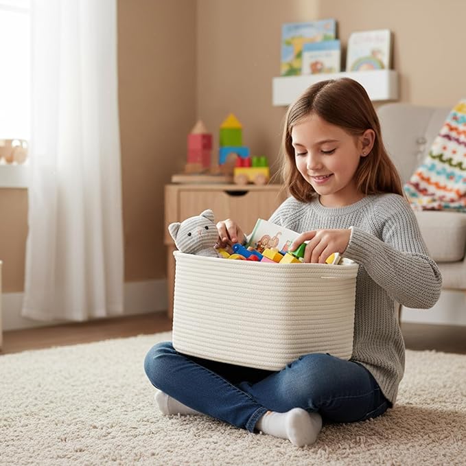R RUNKA Cotton Rope Basket Set of 3 (15"x10.2"x9.1") - Rectangle Storage Bins - Versatile Toy Storage Organizer - Perfect for Kids, Dog Toys, Books, Shelves - White