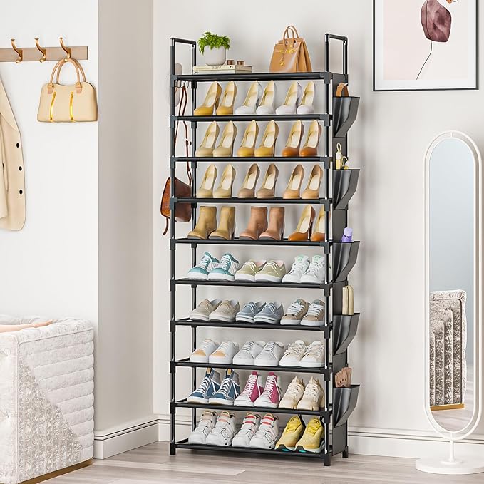 LUKYTOWER Tall Shoe Rack - 10 Tier Shoe Organizer with 5 Hooks, Pocket & Sturdy Stand for Closet Shoes