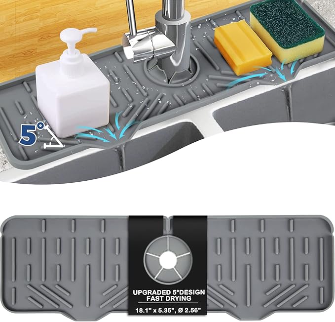 BFONS XL Silicone Faucet Handle Drip Catcher Tray, Gray, 18.1in x 5.7in x 0.79in