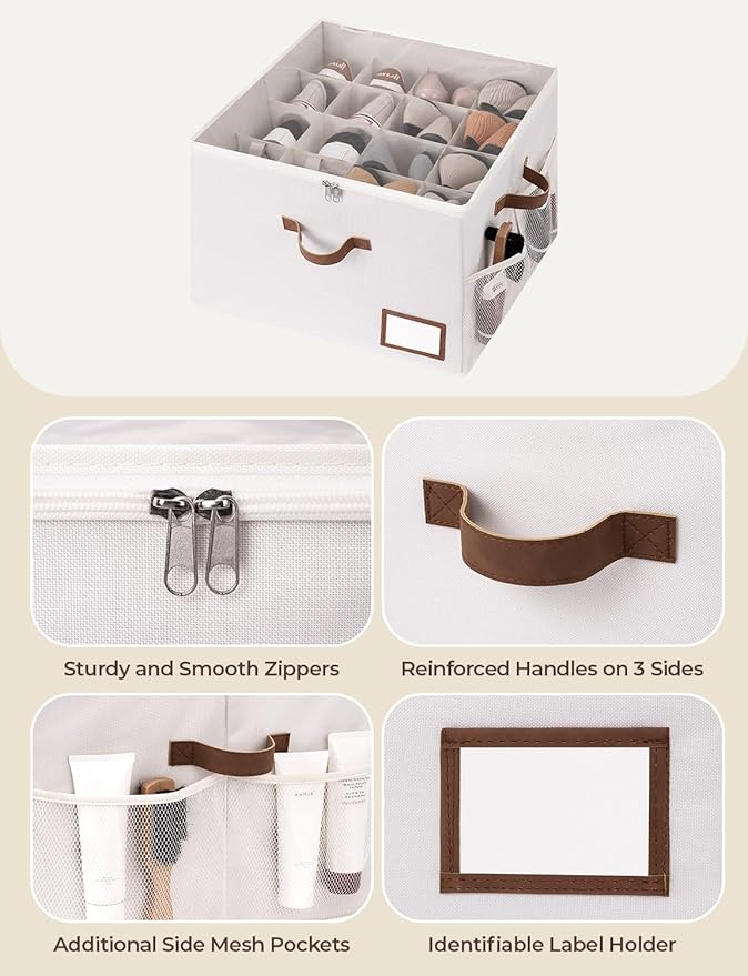 StorageWorks Shoe Organizer for Closet, Shoe Storage Bins with Clear Lid, Fabric Shoe Boxes with Side Mesh Pockets, Closet and Storage Bins for Slippers and Flats, Holds Up to 16 Pairs, Beige