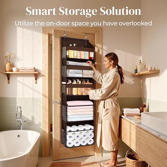 5 Tiers Over Door Organizer with 10 Mesh Side Pockets, Dark Brown
