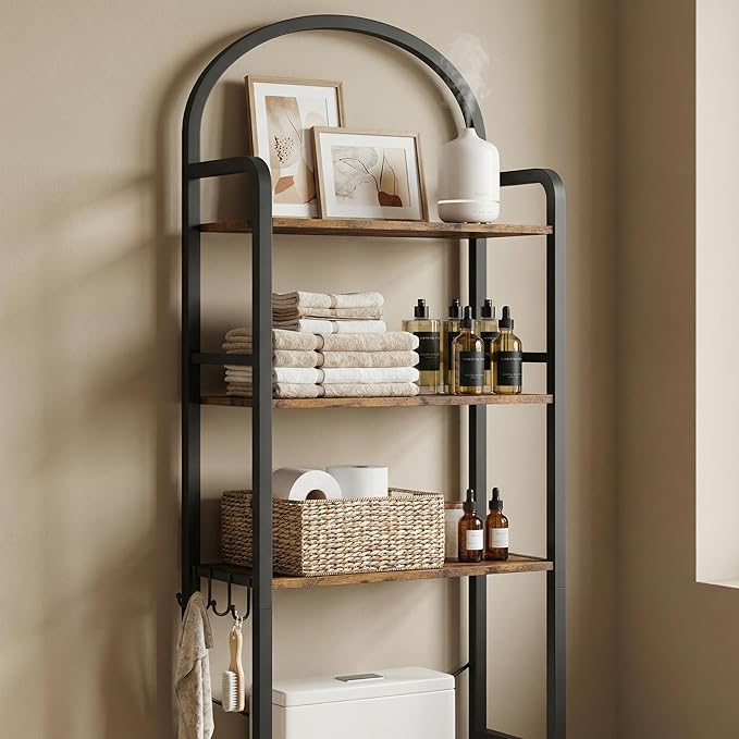 74" H Over the Toilet Storage Rack, 3-Tier Bathroom Organizer with Toilet Paper Holder & Hooks, Metal Frame with Wooden Shelves, Space Saver for Small Bathroom, Rustic Brown and Black