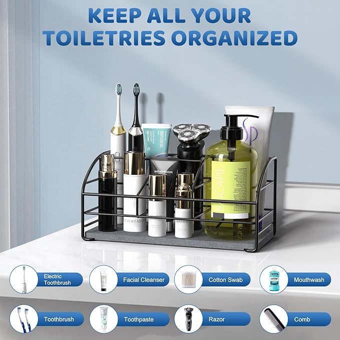 Luxspire Toothbrush Holders, 5 Slots Bathroom Counter Organizer with Diatomaceous Earth Tray, Stainless Steel Toothbrush Holder for Bathroom Kitchen Dressers Accessories, Black