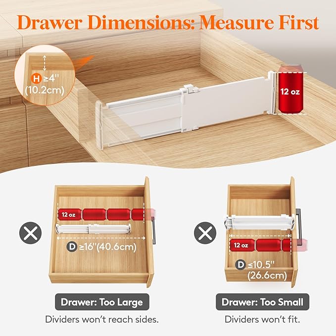 Lifewit 5 Pack Drawer Dividers for Clothes, 4" High 10.5"-16.5" Expandable Dresser Drawer Organizers, Adjustable White Plastic Separators for Kitchen, Cabinet, Nursery, Socks & Underwear Storage