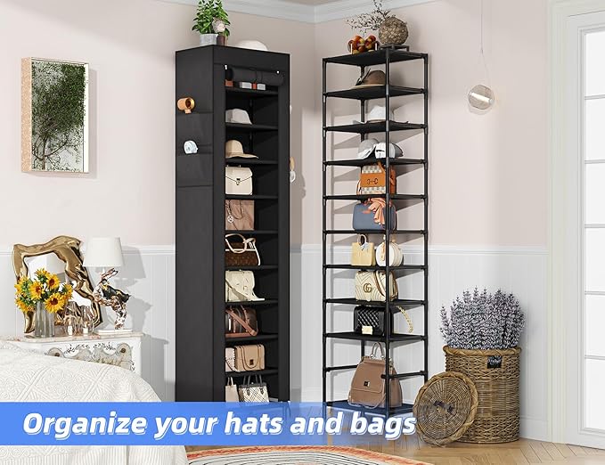 Simple Trending Narrow Shoe Rack with Cover, 10 Tier Shoe Organizer Storage, Tall Free Standing Shoe Cabinet Holds 20 Pairs for Closet, Black
