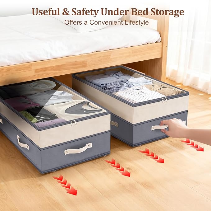 Dolicer 2 Pack Under Bed Storage with Wheels, 6in-10in Height Adjustable Underbed Storage Containers, 92L XXXL Under Bed Drawers Rolling Bin with Clear Lids for Dorm Shoes Clothes Organizer(Dark Grey)