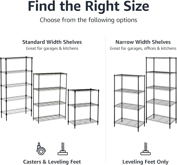 Amazon Basics 3-Shelf Adjustable Heavy Duty Steel Wire Rack Storage Shelving Organizer with Storage Space, Versatility and Ease of Use for Kitchen, Garage, 23.2" L x 13.4" W x 30" H, Black