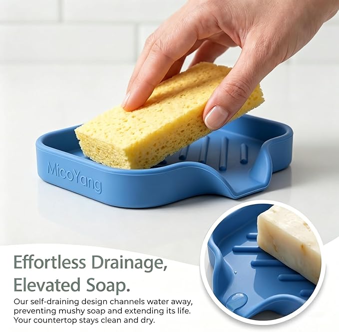 MicoYang Silicone Soap Dish with Drain Spout — Self-Draining Sink Organizer Tray for Bathroom & Kitchen, Holds Bar Soap, Sponges & Dispensers, Non-Slip & Dishwasher Safe, Lichen Blue(Small, 4.9"×3.2")