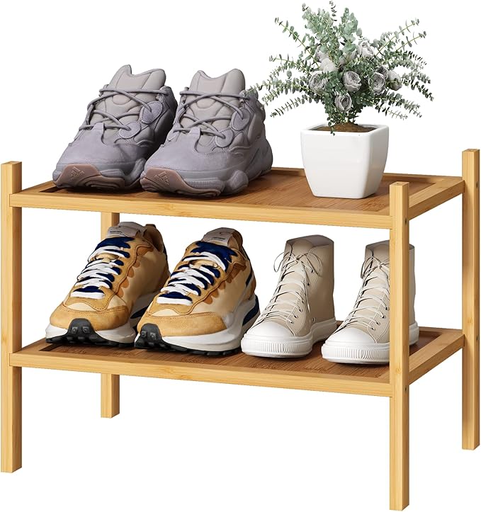 kiplant Small Shoe Rack, 2-Tier Bamboo Wood Shoe Rack for Entryway, Stackable Shoe Organizer for Hallway Closet, Free Standing Shoe Racks for Indoor & Outdoor