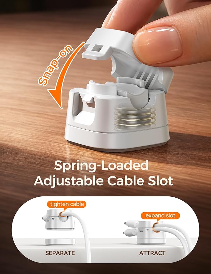 JOYROOM Detachable Magnetic Cord Organizer w/Secure Snap-Lock, 2-in-1 Adhesive& Magnetic Cable Clips, Auto-Fit Spring Management for φ1.5~8mm Cables, Under Desk Nightstand Home Office Car Wire Keeper