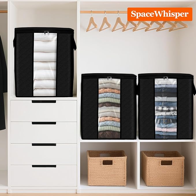 SpaceWhisper 8 Pack 100L Clothes Storage, Foldable Thick Fabric Blanket Storage Bags, Containers for Organizing Bedroom, Closet, Clothing, Comforter,Closet Organization with Handle,Black