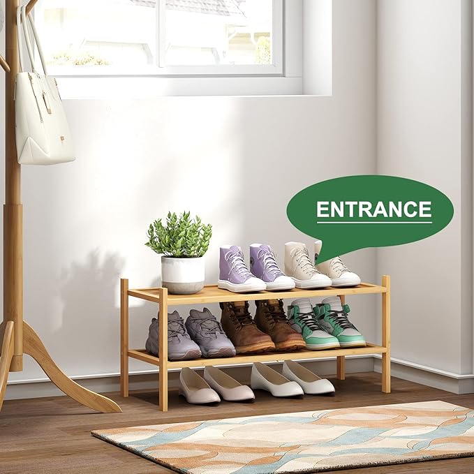 kiplant Bamboo Shoe Rack, 2-Tier Shoe Rack for Entryway, Free Standing Shoe Racks for Indoor & Outdoor, Stackable Shoe Organizer for Closet,