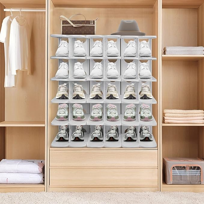6-Tier Thickening Cubby Shoe Rack, Free Combination Shoe Organizer for Closet, Free Standing Shoe Tower, Stackable Space-Saving Adjustable Shoe Storage Shelf, Grey