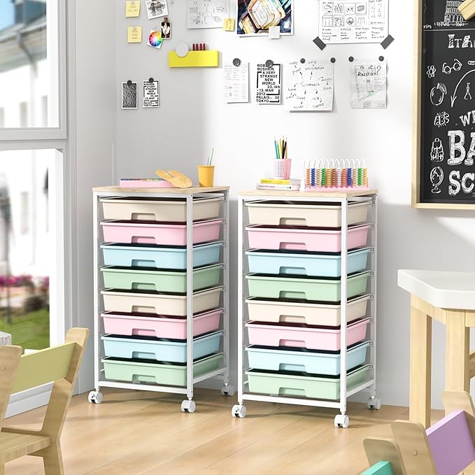 SYKIARIOL Rolling Storage Cart with Drawers,Utility Cart With 8 Drawers and Wooden Tabletop,Rolling Drawer Cart,Storage Drawer Cart for Living Room,Classroom,Bedroom,Bathroom,Dorm,Office,Rainbow