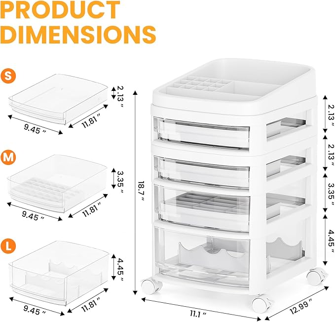 Rolling Cart with 4 Drawers, Clear Plastic Drawer Organizers